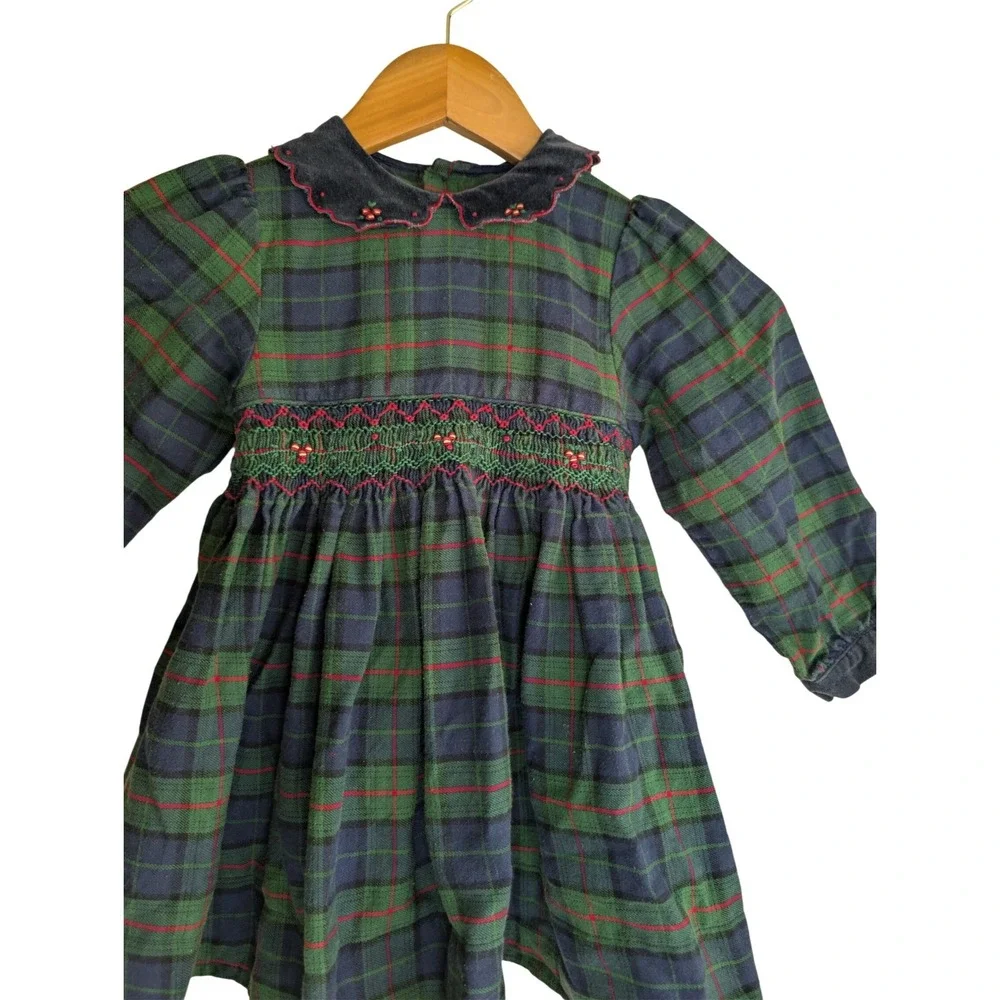 ANGEL FISH Tartan Plaid Holiday‎ Dress Girls 3T Green Navy Smocked Christmas
